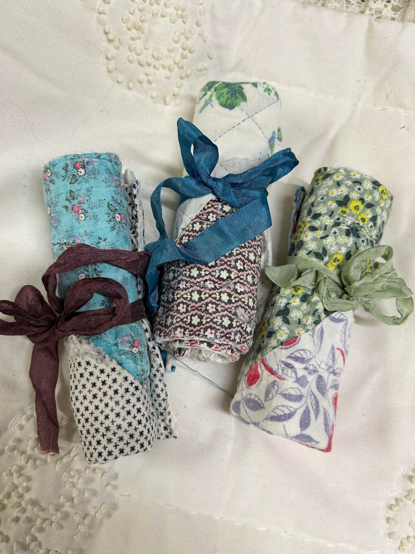 Set of 3 - Tattered Hand Stitched Quilting Pieces